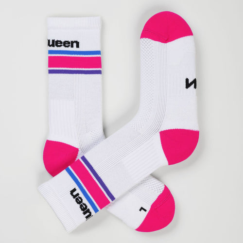 A pair of white padel socks with neon pink toes and heels, featuring blue, neon pink and purple stripes near the cuff, with the motto 'Net Queen' printed in black on the cuffs.
