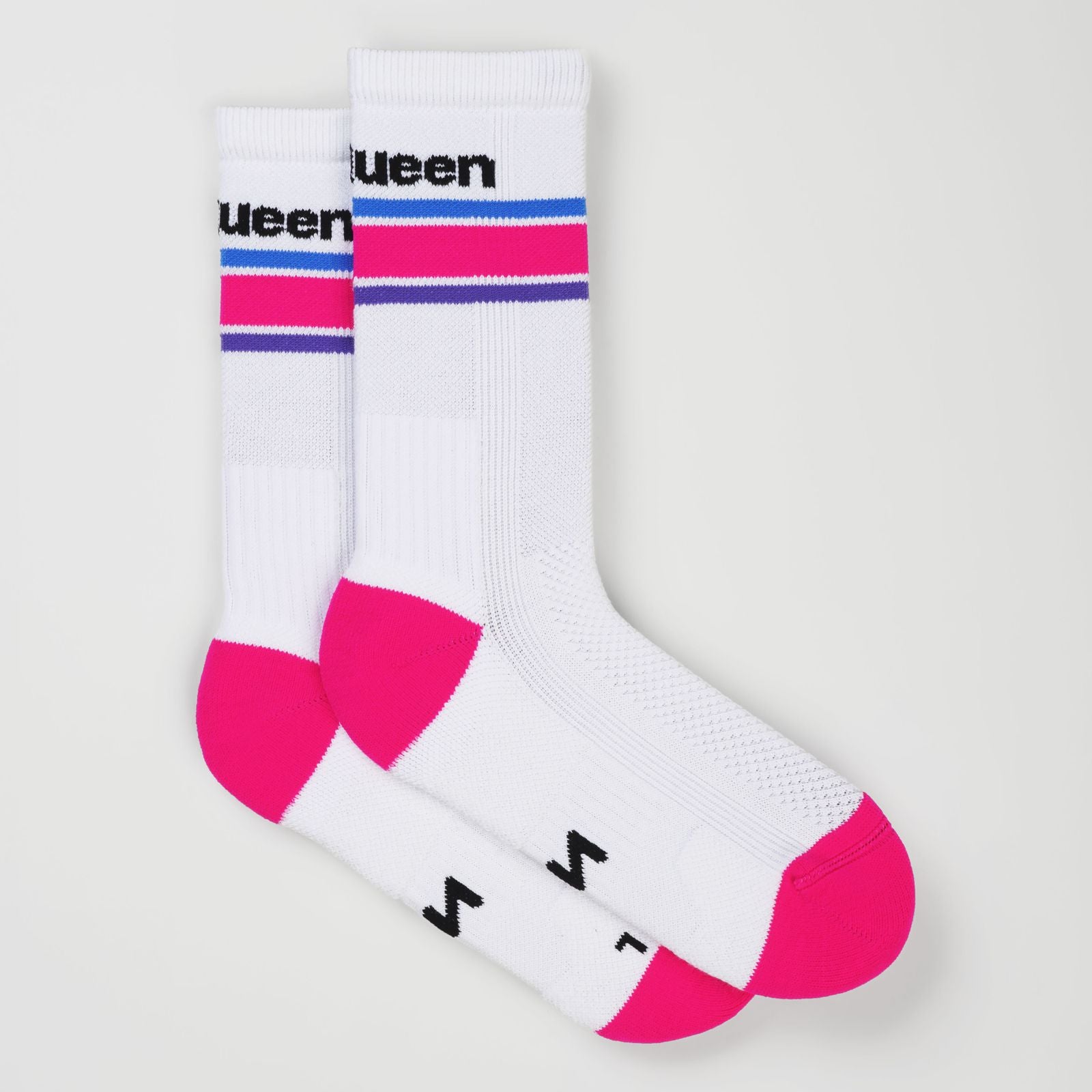A pair of white padel socks with hot pink and blue stripes near the cuff, featuring the statement 'Net Queen' in black text and a black 'No' logo on the toes, set against a light gray background.